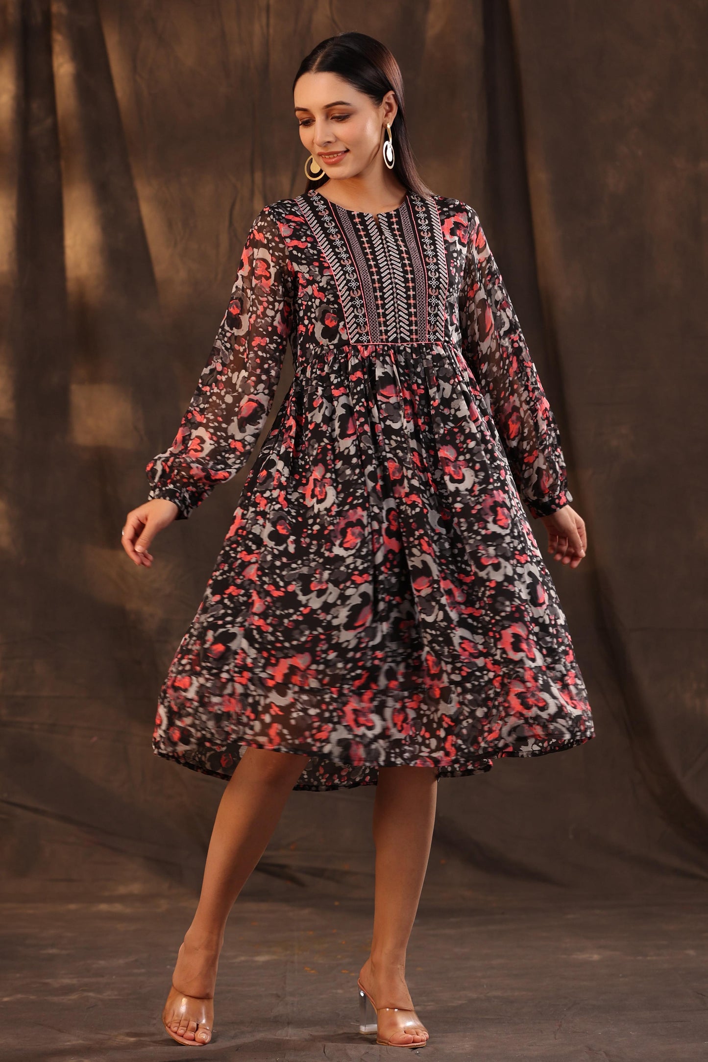 Juniper Women Black Chiffon Printed Flared Dress | Swadesiicart