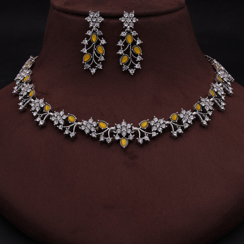 Tehzeeb Creations Silver Pleated White Diamond With Yellow Beads Necklace Set - Swadesiicart
