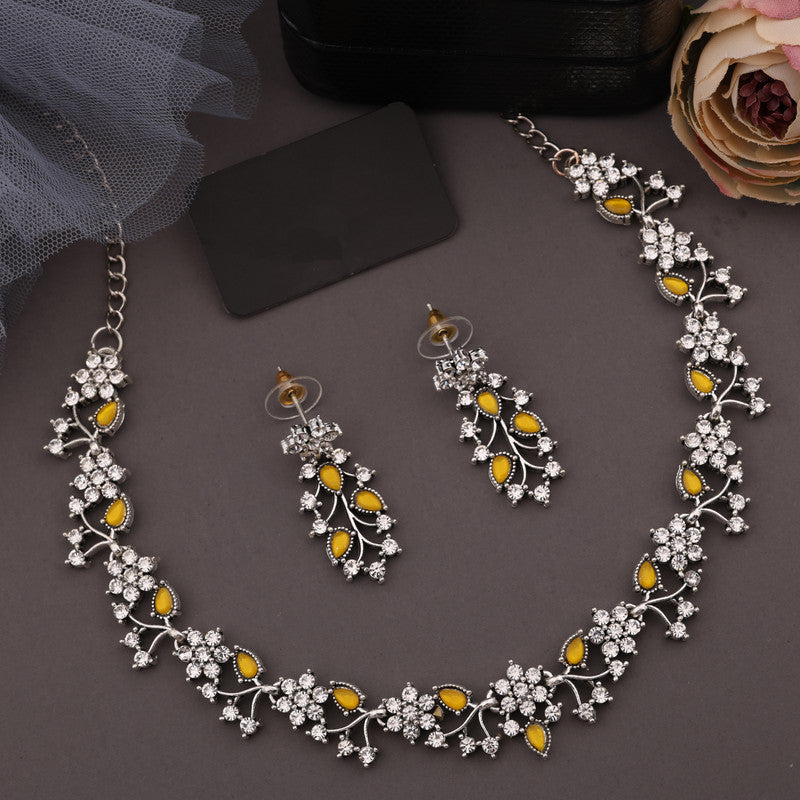 Tehzeeb Creations Silver Pleated White Diamond With Yellow Beads Necklace Set - Swadesiicart