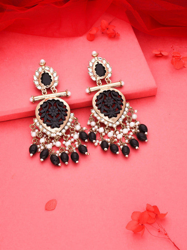 Tehzeeb Creations Latest Black Colour Gold Polish Kundan & Pearl Studded Designer Drop Long Earrings For Women And Girls Green | Swadesiicart