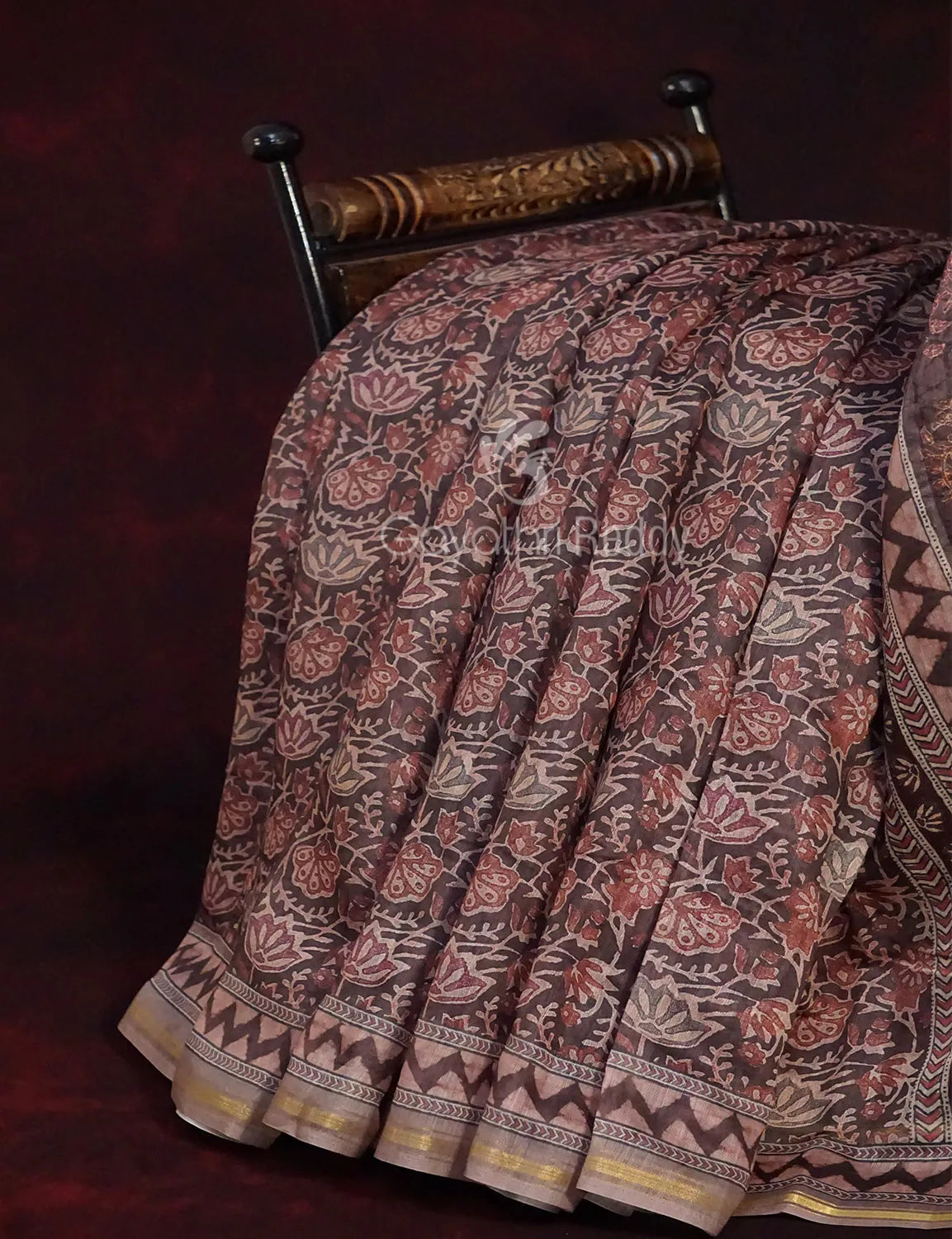 Dark Chikoo Colour Kalamkaari Design Semi Chanderi Saree By Gayathri Reddy Designer Studio | Swadesiicart