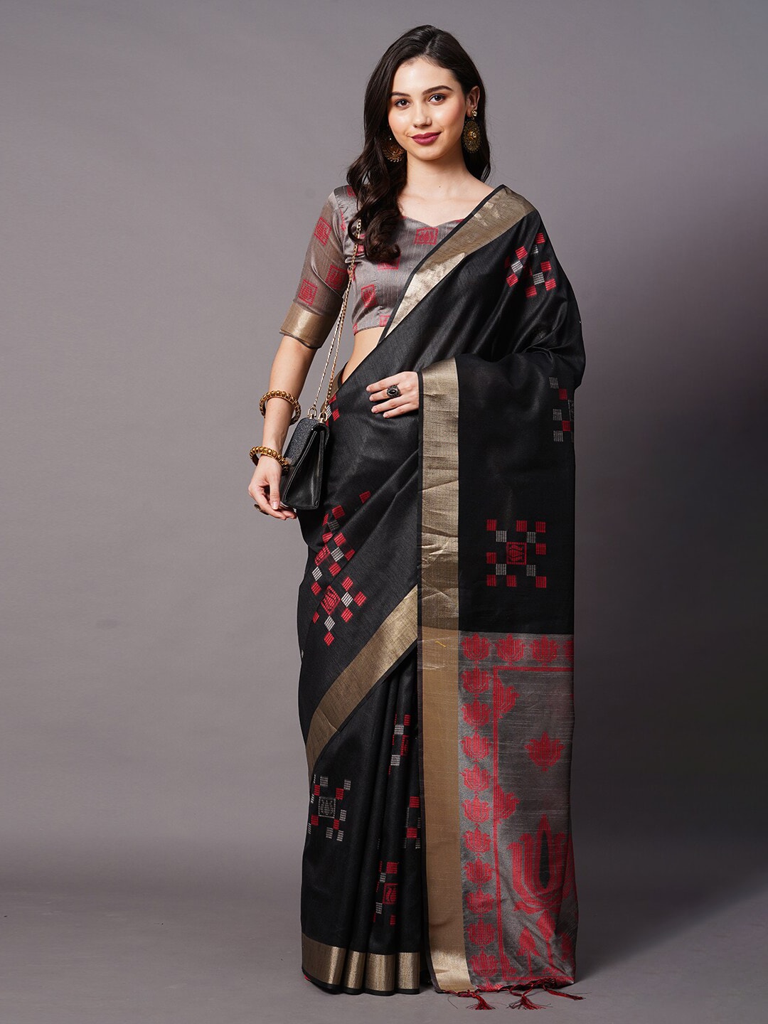 Mitera Black & Red Ethnic Motifs Silk Cotton Banarasi Saree | Swadesiicart