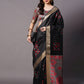 Mitera Black & Red Ethnic Motifs Silk Cotton Banarasi Saree | Swadesiicart