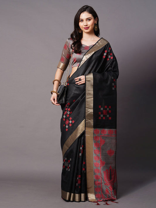 Mitera Black & Red Ethnic Motifs Silk Cotton Banarasi Saree | Swadesiicart