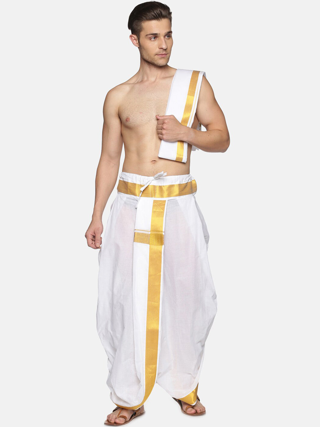 Sethukrishna Men White & Gold-Toned Solid Ready Made Dhoti Pants | Swadesiicart