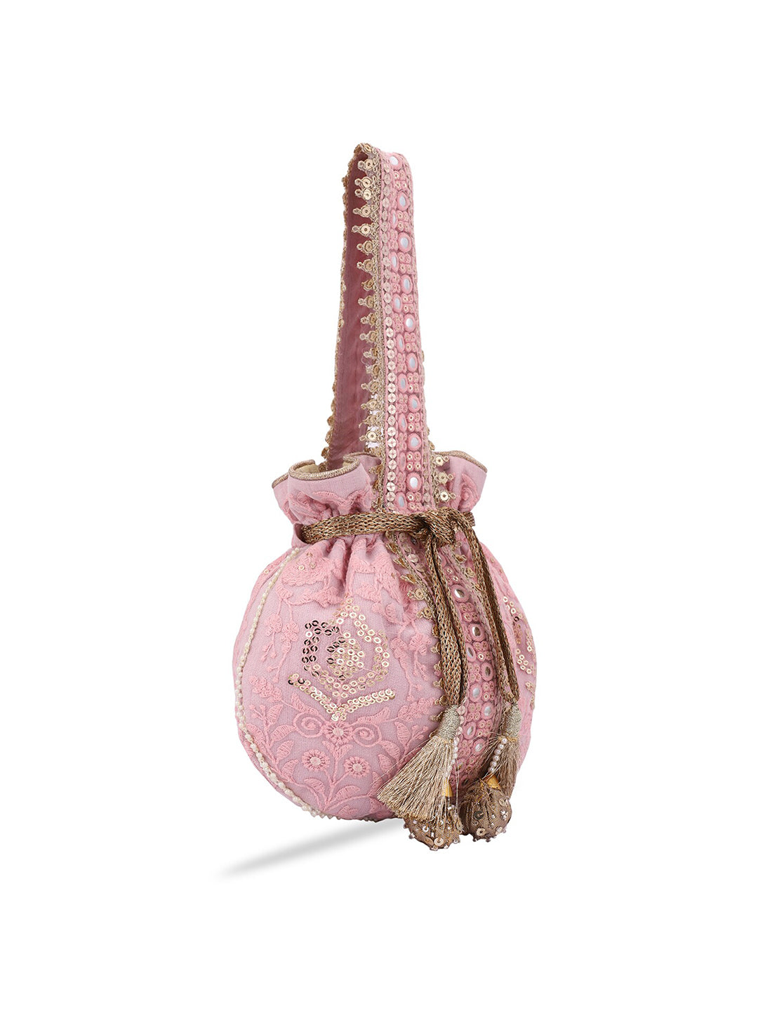 Masq Pink and Gold-Toned Embroidered Potli Clutch - Swadesiicart