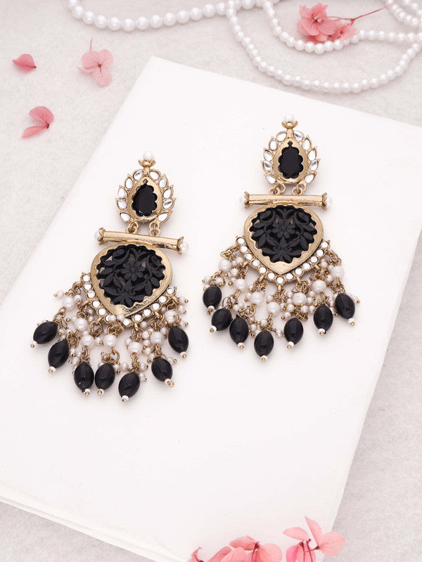 Tehzeeb Creations Latest Black Colour Gold Polish Kundan & Pearl Studded Designer Drop Long Earrings For Women And Girls Green | Swadesiicart