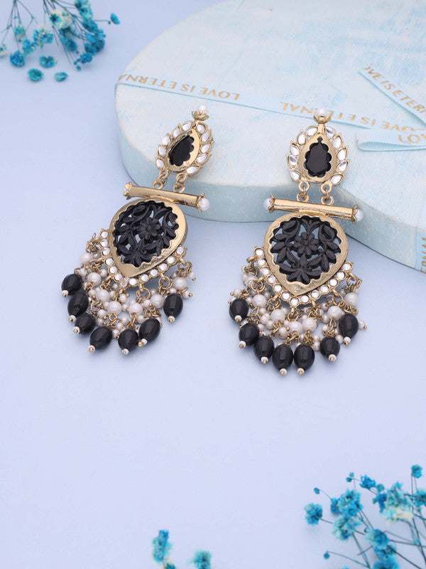 Tehzeeb Creations Latest Black Colour Gold Polish Kundan & Pearl Studded Designer Drop Long Earrings For Women And Girls Green | Swadesiicart