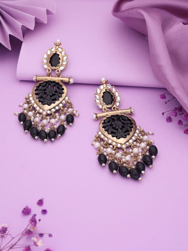 Tehzeeb Creations Latest Black Colour Gold Polish Kundan & Pearl Studded Designer Drop Long Earrings For Women And Girls Green | Swadesiicart