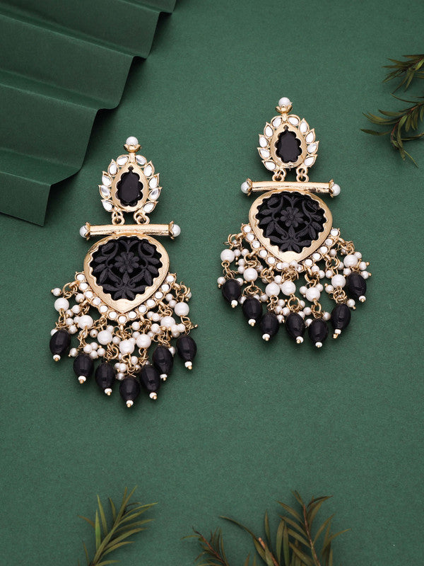 Tehzeeb Creations Latest Black Colour Gold Polish Kundan & Pearl Studded Designer Drop Long Earrings For Women And Girls Green | Swadesiicart