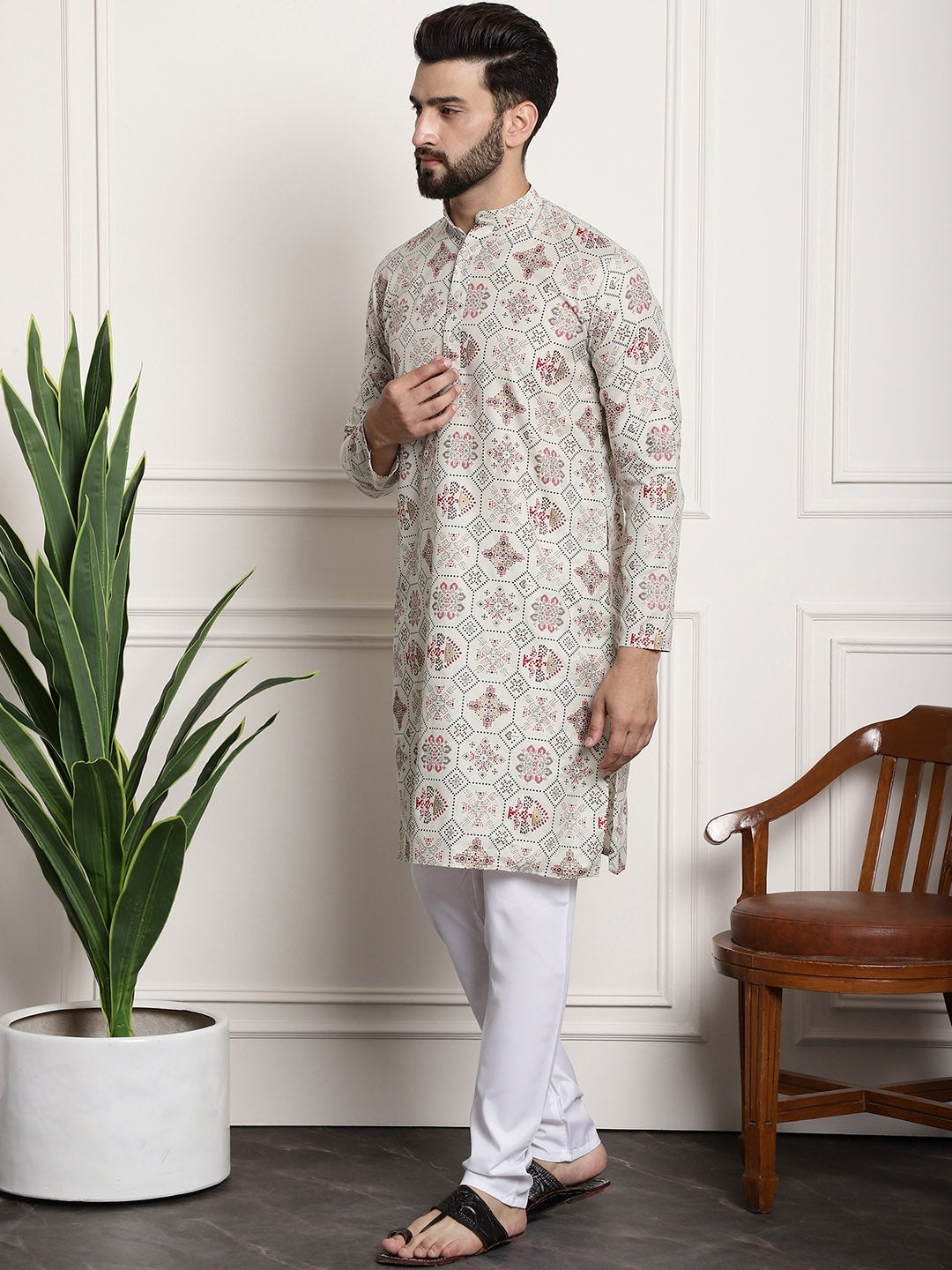 Sojanya Men Beige Printed Cotton Linen Kurta with Churidar | Swadesiicart