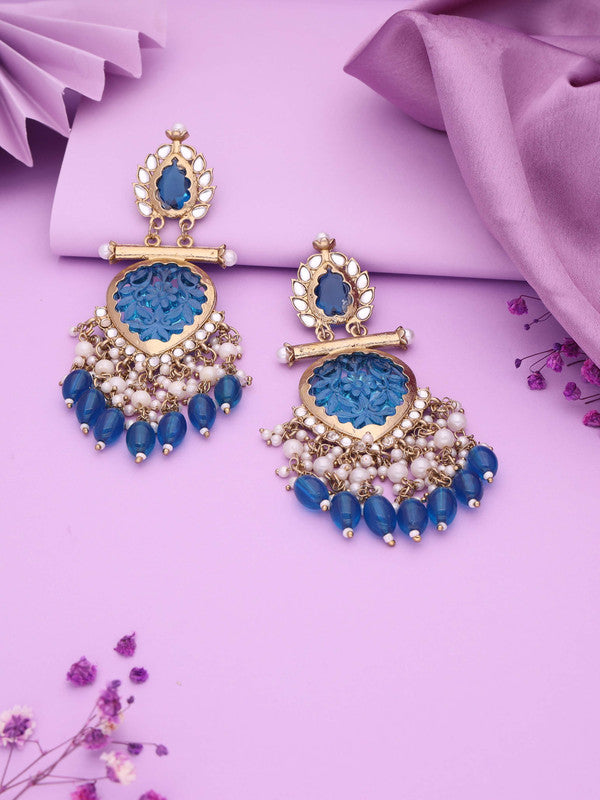 Tehzeeb Creations Latest Blue Colour Gold Polish Kundan & Pearl Studded Designer Drop Long Earrings For Women And Girls Maroon | Swadesiicart