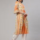 Aks Floral Printed V-Neck Bell Sleeves Pleated Cotton Kurta