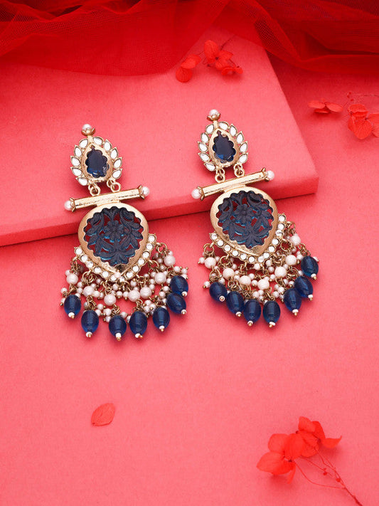 Tehzeeb Creations Latest Blue Colour Gold Polish Kundan & Pearl Studded Designer Drop Long Earrings For Women And Girls Maroon | Swadesiicart