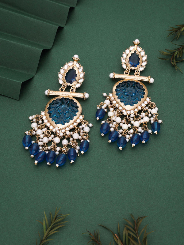 Tehzeeb Creations Latest Blue Colour Gold Polish Kundan & Pearl Studded Designer Drop Long Earrings For Women And Girls Maroon | Swadesiicart