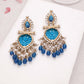 Tehzeeb Creations Latest Blue Colour Gold Polish Kundan & Pearl Studded Designer Drop Long Earrings For Women And Girls Maroon | Swadesiicart