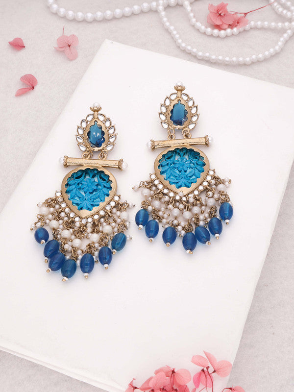 Tehzeeb Creations Latest Blue Colour Gold Polish Kundan & Pearl Studded Designer Drop Long Earrings For Women And Girls Maroon | Swadesiicart