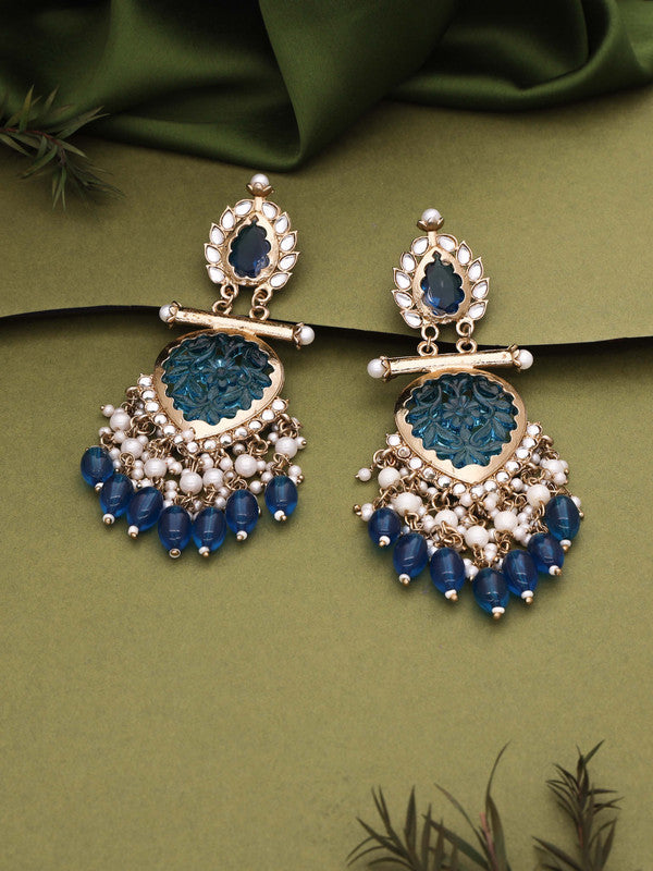 Tehzeeb Creations Latest Blue Colour Gold Polish Kundan & Pearl Studded Designer Drop Long Earrings For Women And Girls Maroon | Swadesiicart