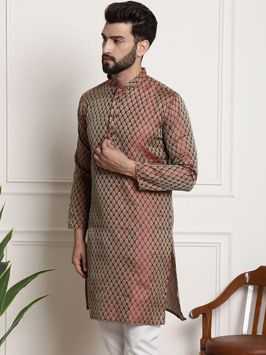 Sojanya Men Maroon & Golden Ethnic Motifs Jacquard Silk Kurta | Swadesiicart
