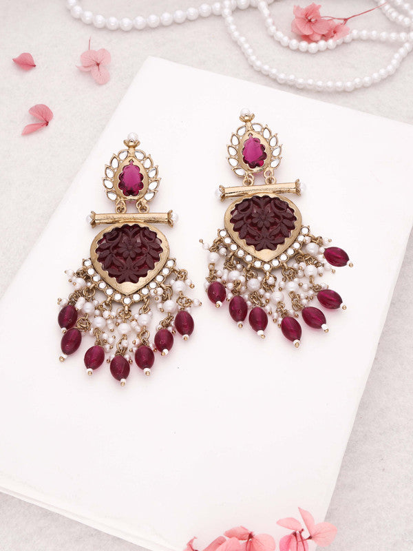 Tehzeeb Creations Latest Rani Pink Gold Polish Kundan & Pearl Studded Designer Drop Long Earrings For Women And Girls Lavender | Swadesiicart