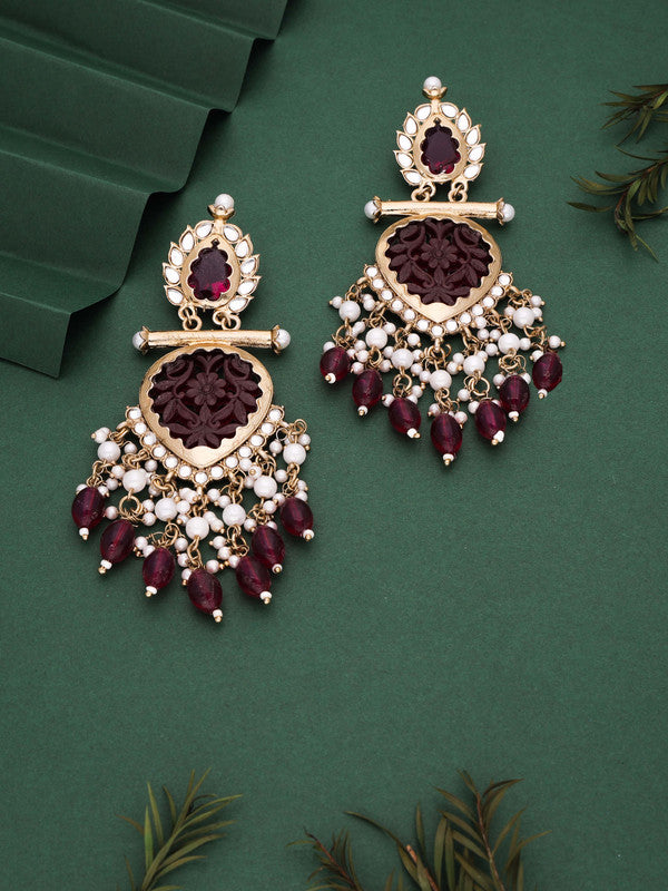 Tehzeeb Creations Latest Rani Pink Gold Polish Kundan & Pearl Studded Designer Drop Long Earrings For Women And Girls Lavender | Swadesiicart