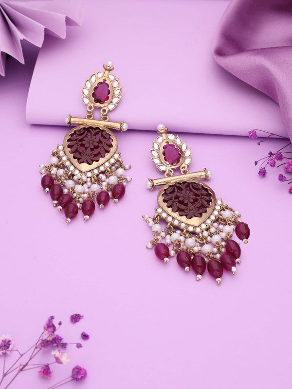 Tehzeeb Creations Latest Rani Pink Gold Polish Kundan & Pearl Studded Designer Drop Long Earrings For Women And Girls Lavender | Swadesiicart