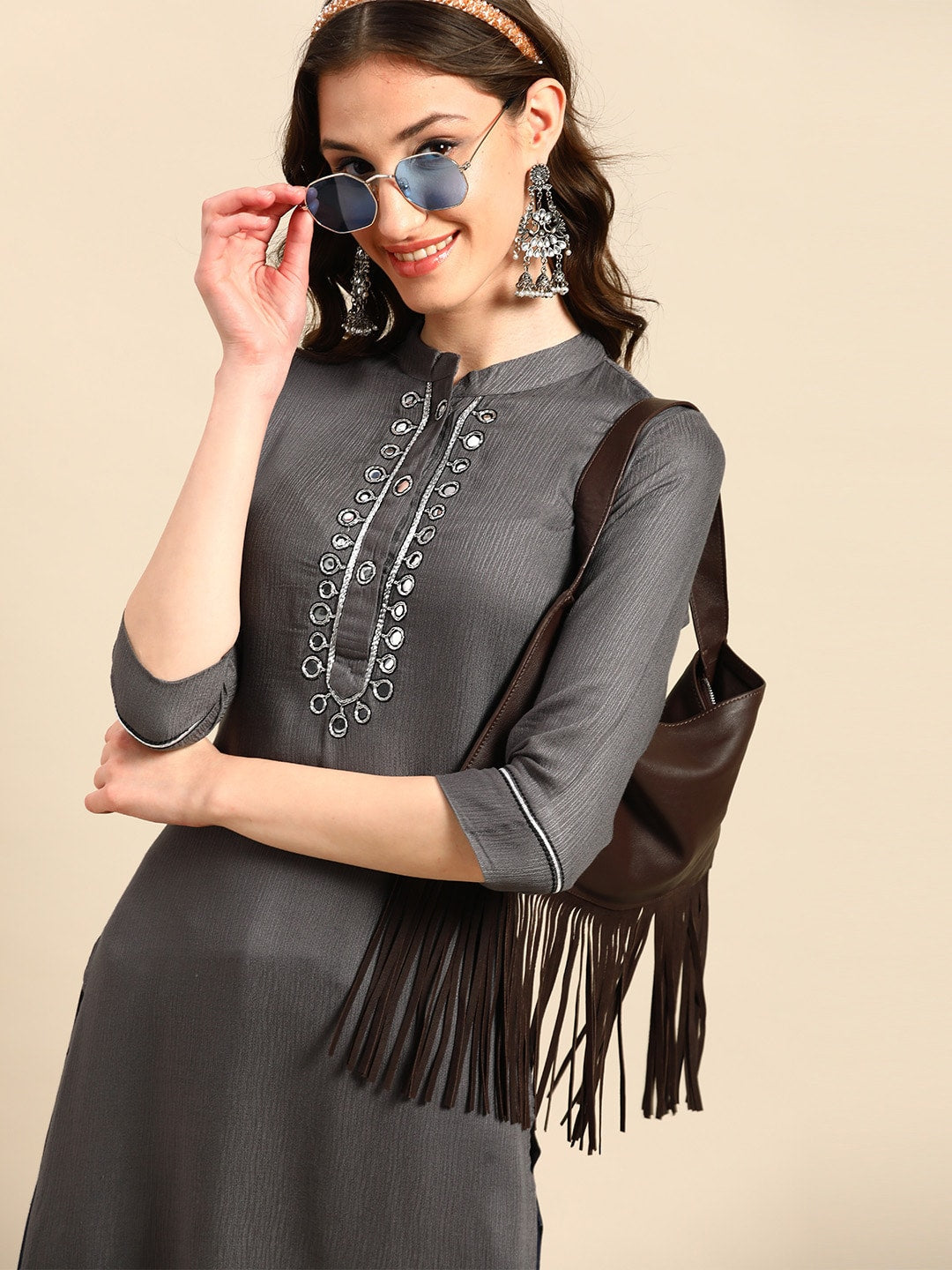 Sangria Yoke Design Mirror Work Kurta - Swadesiicart