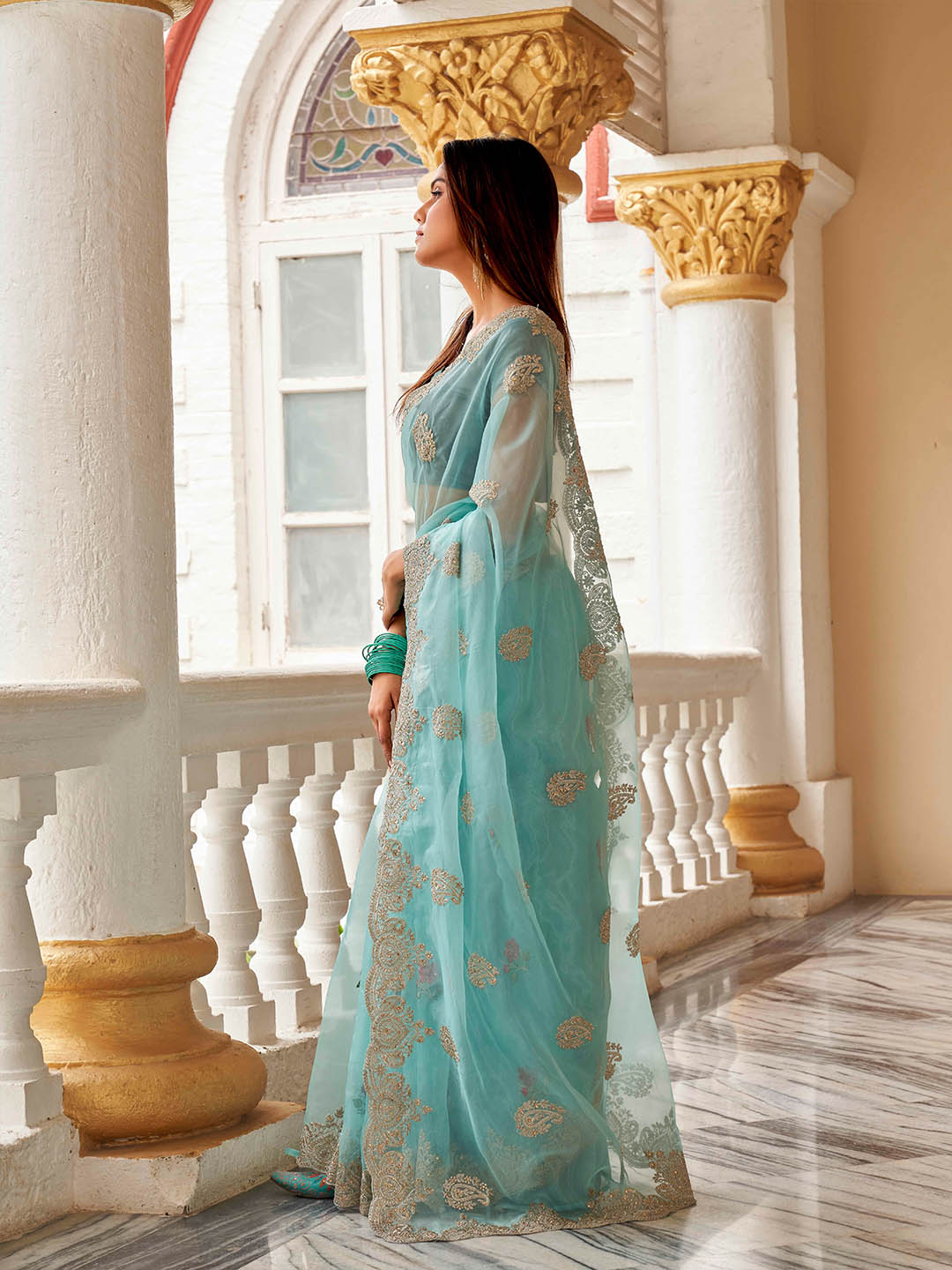 Tikhi Imli Ethnic Motifs Embroidery Organza Heavy Work Saree | Swadesiicart