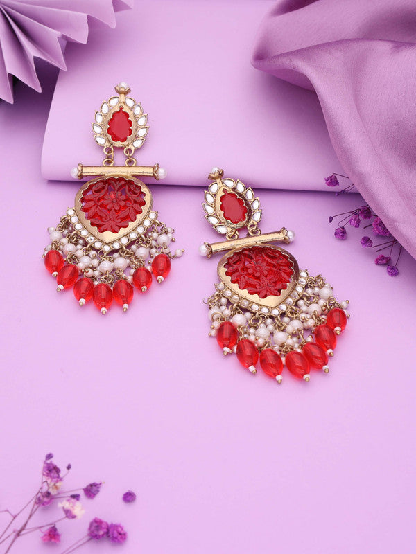 Tehzeeb Creations Latest Red Colour Gold Polish Kundan & Pearl Studded Designer Drop Long Earrings For Women And Girls Yellow | Swadesiicart