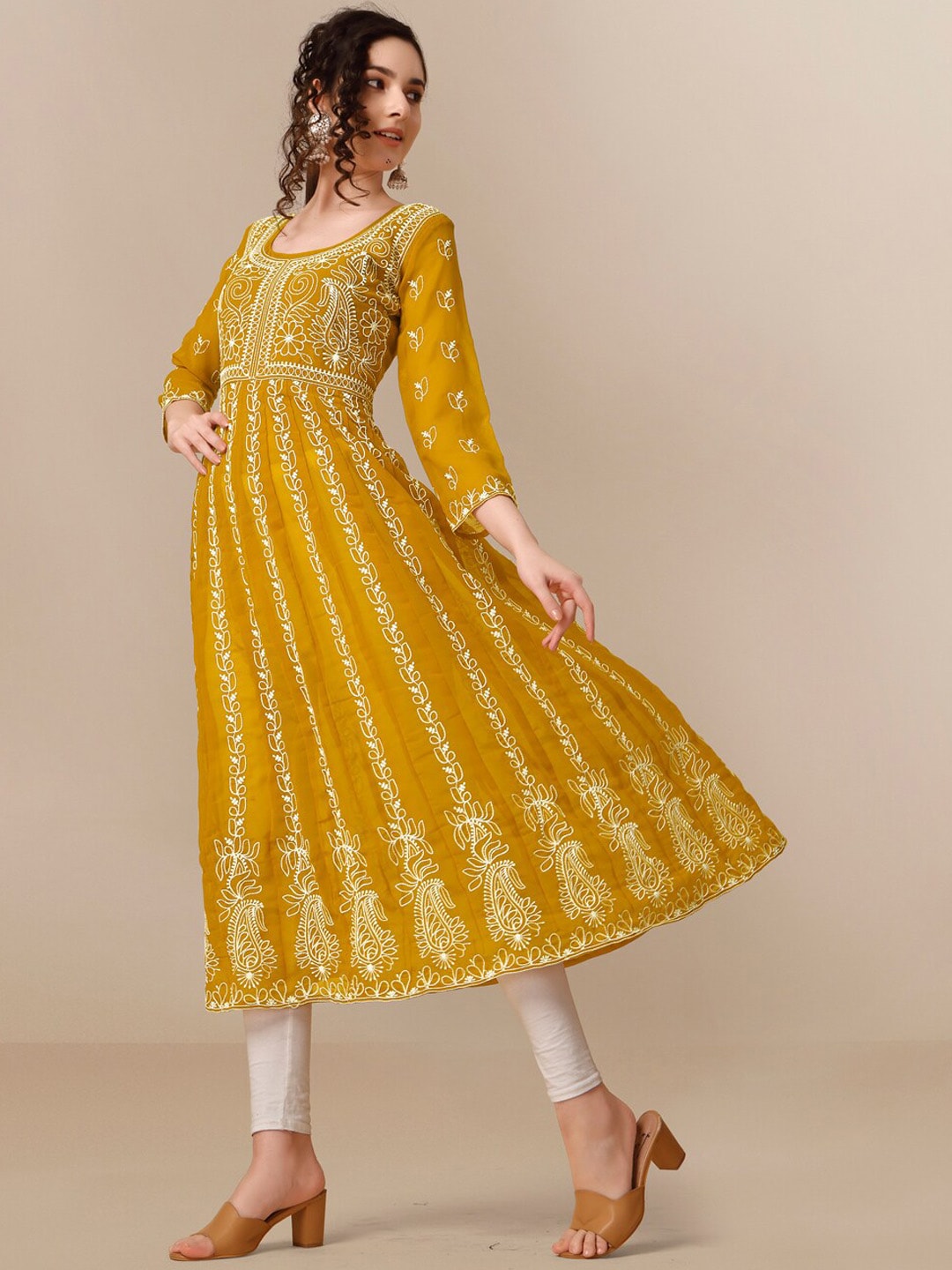 HERE&NOW Ethnic Motifs Embroidered Chikankari Georgette Anarkali Kurta | Swadesiicart