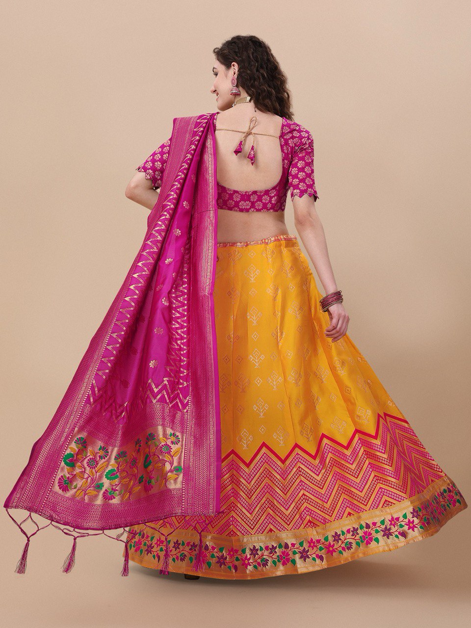 Lorenvalley Fashion Yellow Brocade Fabric Lehenga & Unstitched Blouse With Dupatta | Swadesiicart
