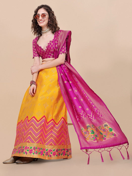Lorenvalley Fashion Yellow Brocade Fabric Lehenga & Unstitched Blouse With Dupatta | Swadesiicart