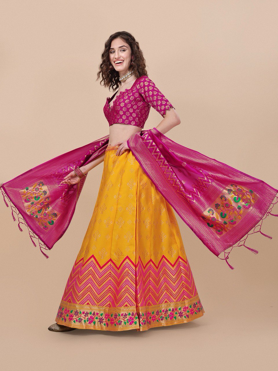 Lorenvalley Fashion Yellow Brocade Fabric Lehenga & Unstitched Blouse With Dupatta | Swadesiicart