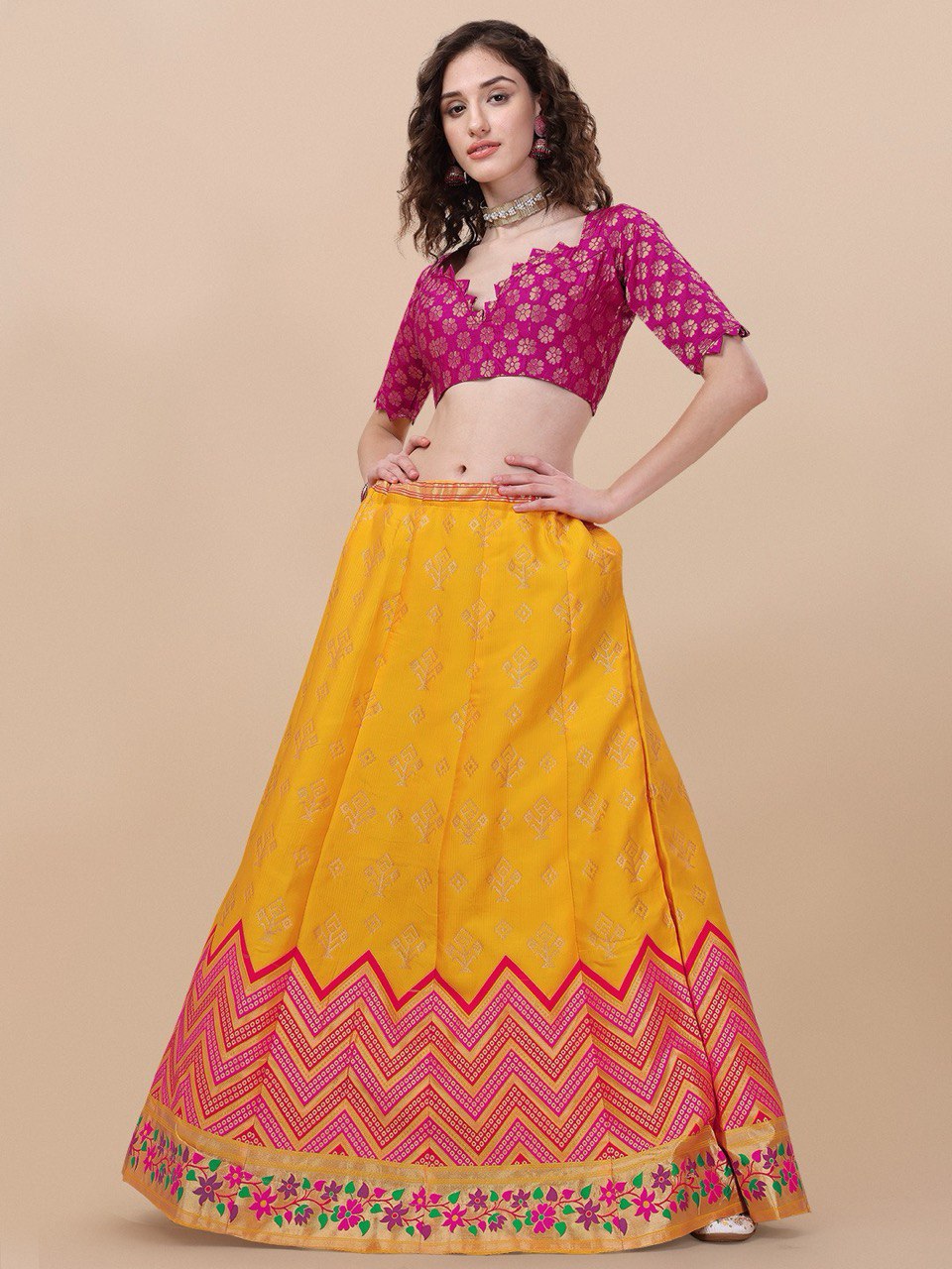 Lorenvalley Fashion Yellow Brocade Fabric Lehenga & Unstitched Blouse With Dupatta | Swadesiicart