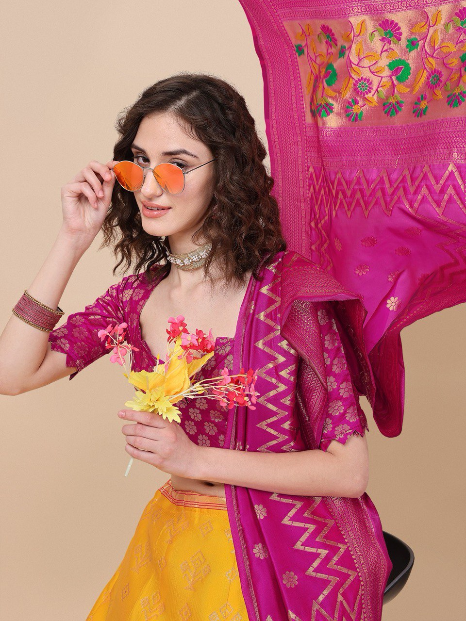 Lorenvalley Fashion Yellow Brocade Fabric Lehenga & Unstitched Blouse With Dupatta | Swadesiicart