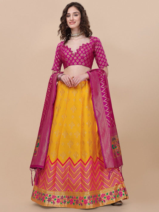Lorenvalley Fashion Yellow Brocade Fabric Lehenga & Unstitched Blouse With Dupatta | Swadesiicart