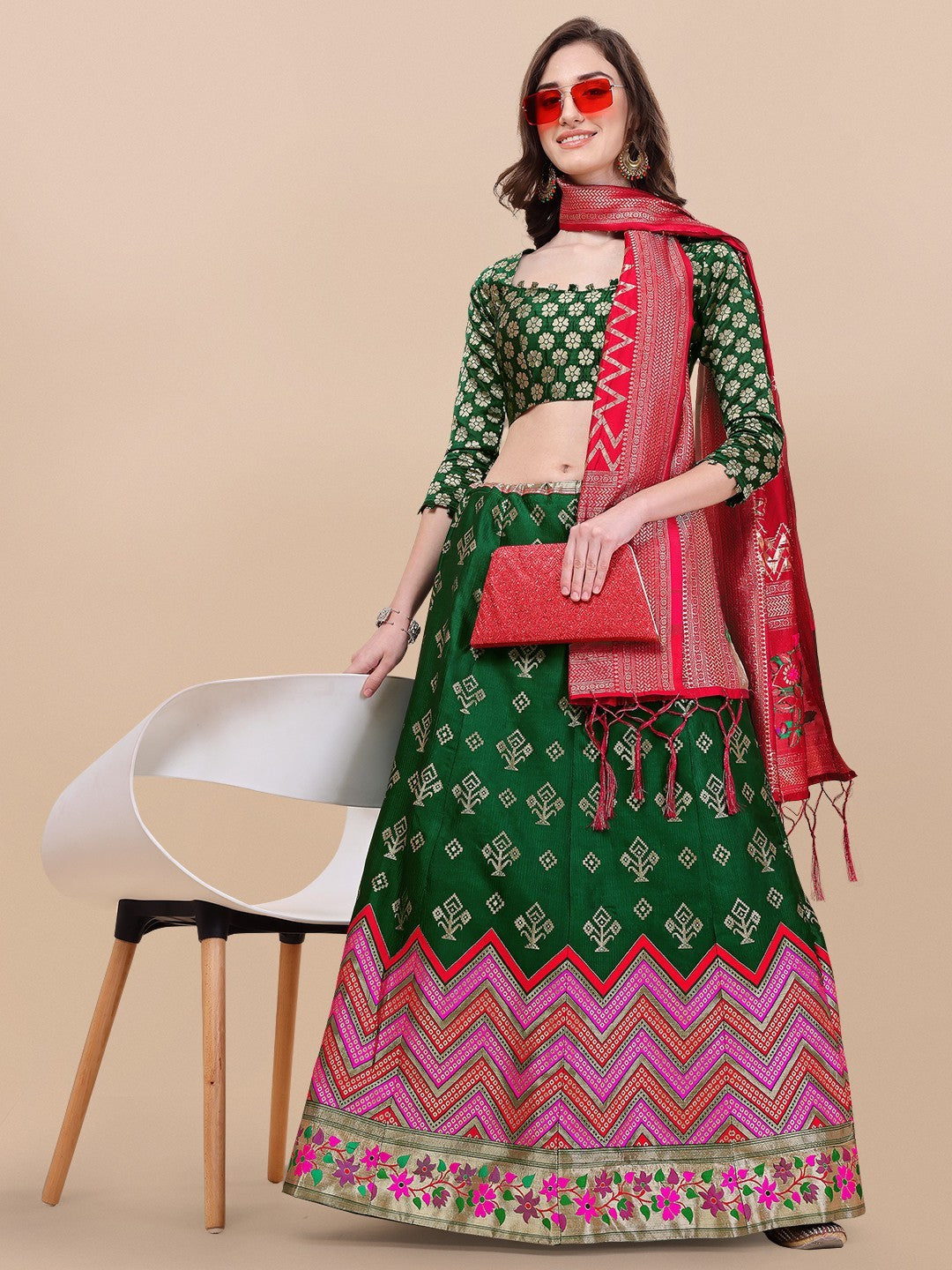 Lorenvalley Fashion Green Brocade Fabric Lehenga & Unstitched Blouse With Dupatta | Swadesiicart