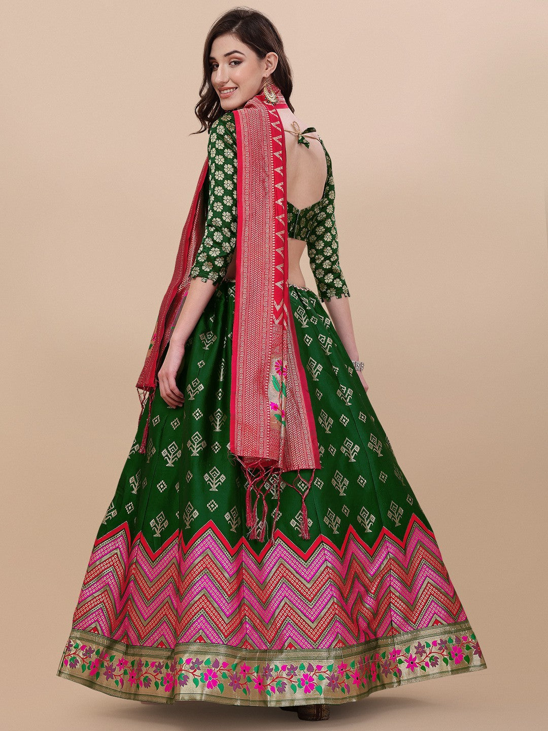 Lorenvalley Fashion Green Brocade Fabric Lehenga & Unstitched Blouse With Dupatta | Swadesiicart