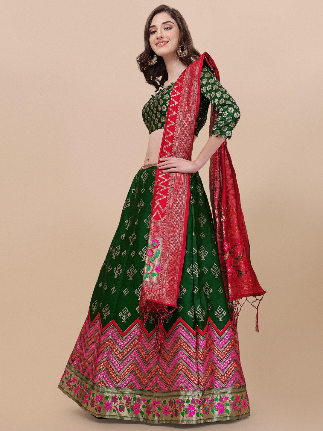 Lorenvalley Fashion Green Brocade Fabric Lehenga & Unstitched Blouse With Dupatta | Swadesiicart