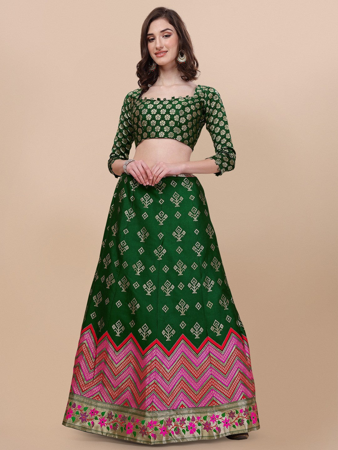 Lorenvalley Fashion Green Brocade Fabric Lehenga & Unstitched Blouse With Dupatta | Swadesiicart
