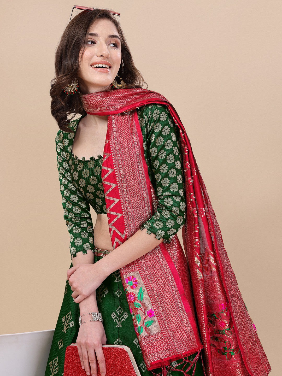 Lorenvalley Fashion Green Brocade Fabric Lehenga & Unstitched Blouse With Dupatta | Swadesiicart