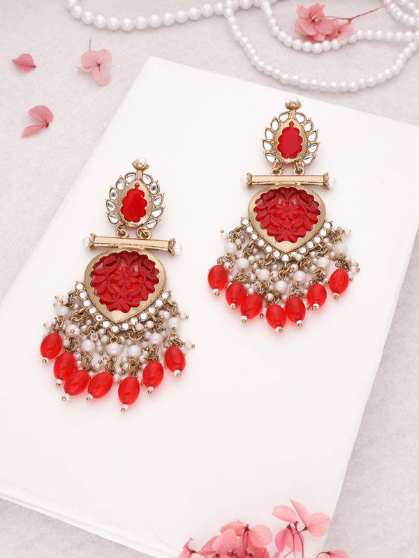 Tehzeeb Creations Latest Red Colour Gold Polish Kundan & Pearl Studded Designer Drop Long Earrings For Women And Girls Yellow | Swadesiicart
