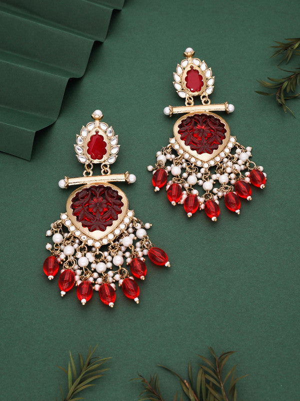 Tehzeeb Creations Latest Red Colour Gold Polish Kundan & Pearl Studded Designer Drop Long Earrings For Women And Girls Yellow | Swadesiicart