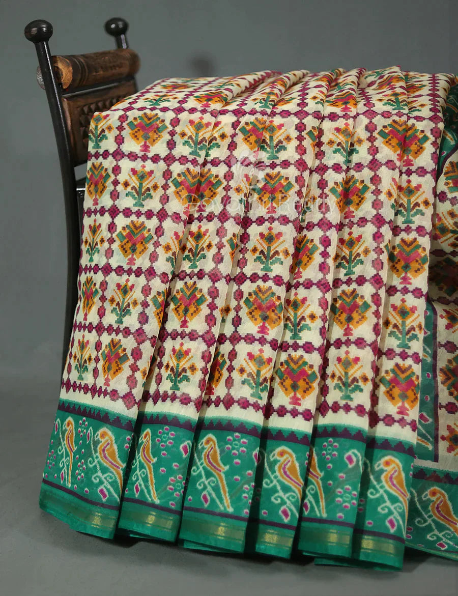 Vibrant Shades of Cream Patola Print Semi Chanderi Saree By Gayathri Reddy Designer Studio | Swadesiicart
