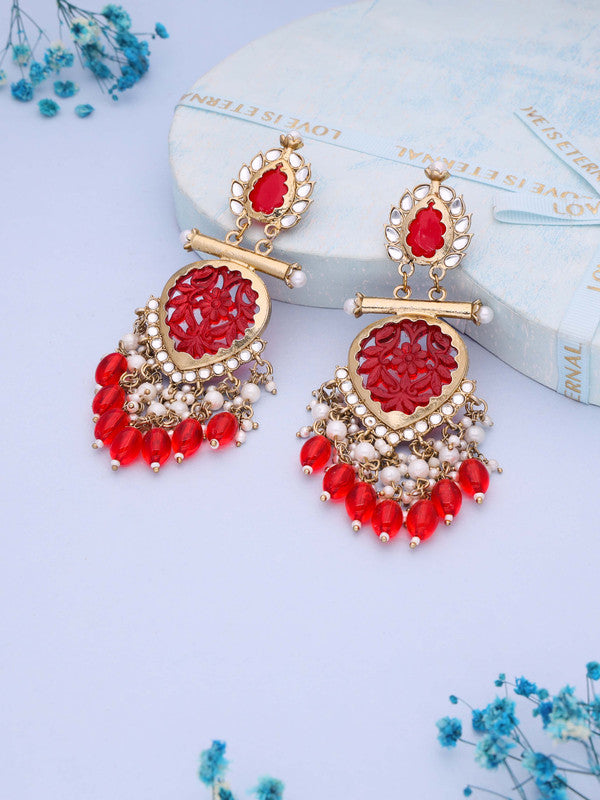 Tehzeeb Creations Latest Red Colour Gold Polish Kundan & Pearl Studded Designer Drop Long Earrings For Women And Girls Yellow | Swadesiicart