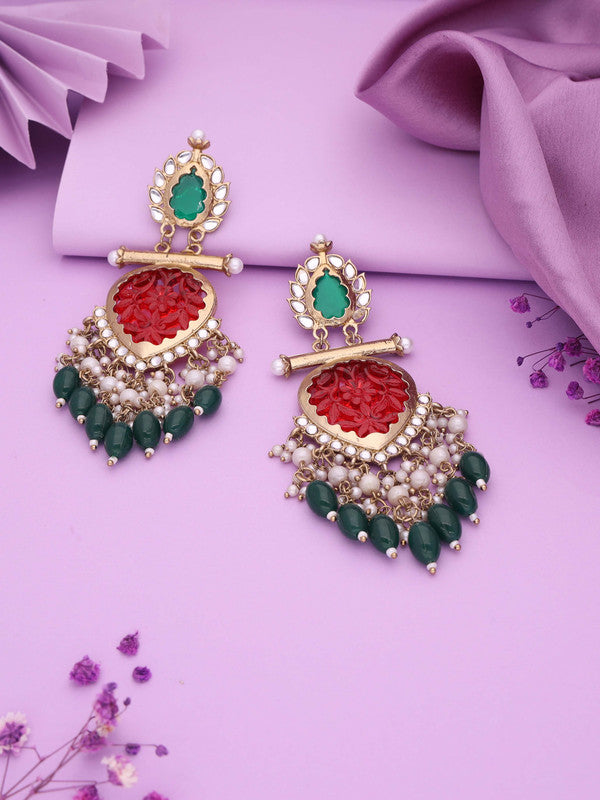 Tehzeeb Creations Latest Red & Green Colour Gold Polish Kundan & Pearl Studded Designer Drop Long Earrings For Women And Girls Yellow | Swadesiicart