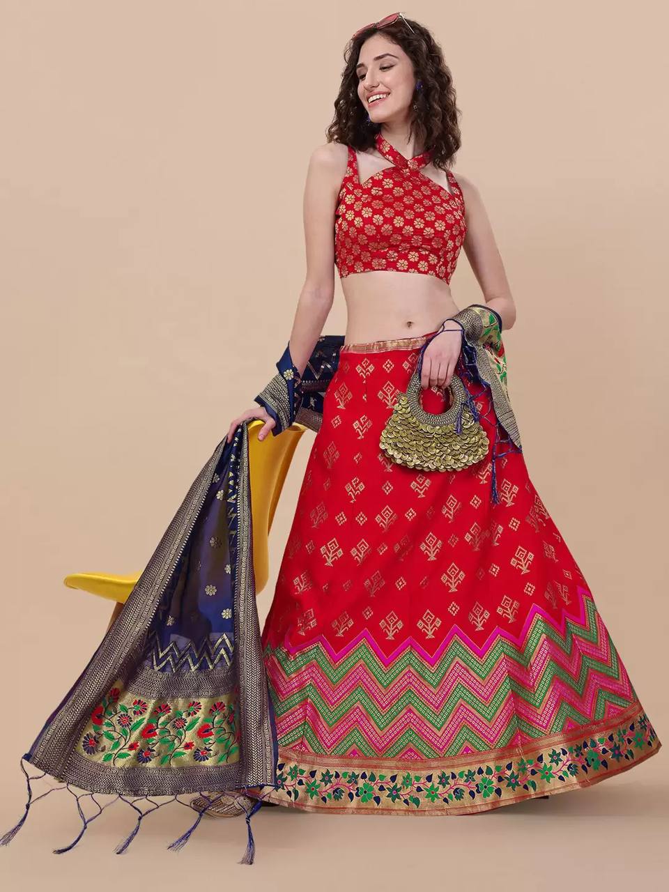 Lorenvalley Fashion Red Brocade Fabric Lehenga & Unstitched Blouse With Dupatta | Swadesiicart