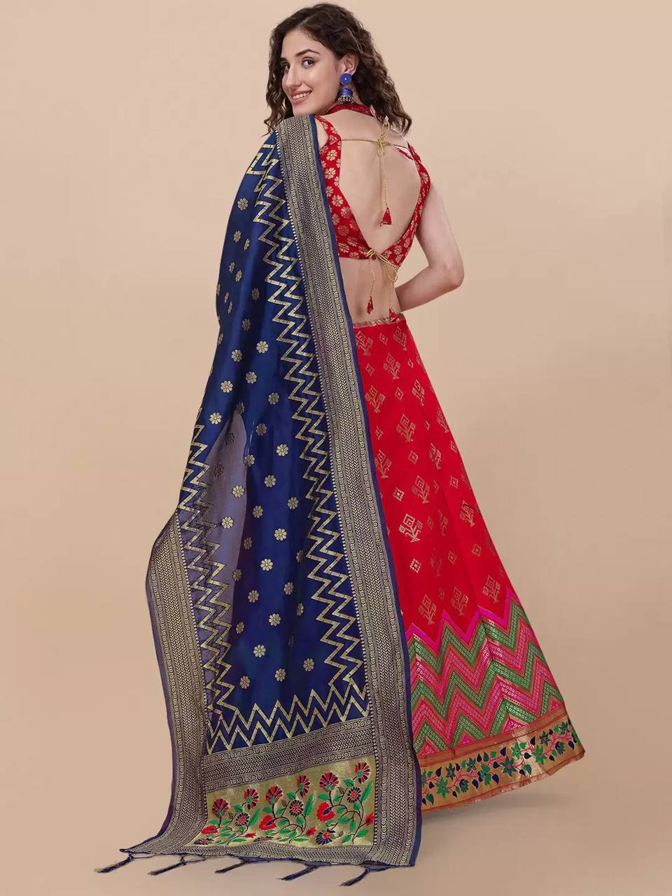 Lorenvalley Fashion Red Brocade Fabric Lehenga & Unstitched Blouse With Dupatta | Swadesiicart