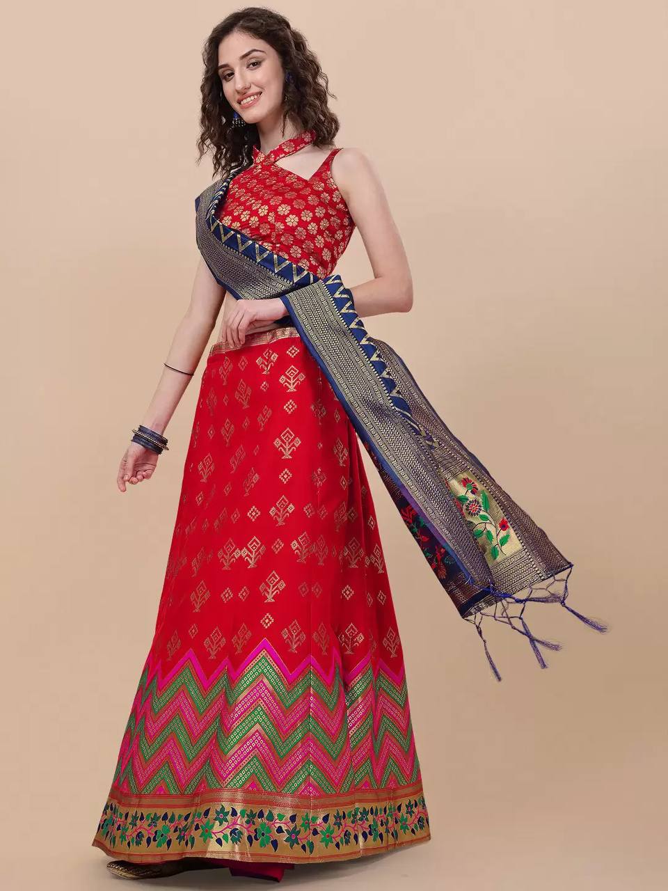 Lorenvalley Fashion Red Brocade Fabric Lehenga & Unstitched Blouse With Dupatta | Swadesiicart