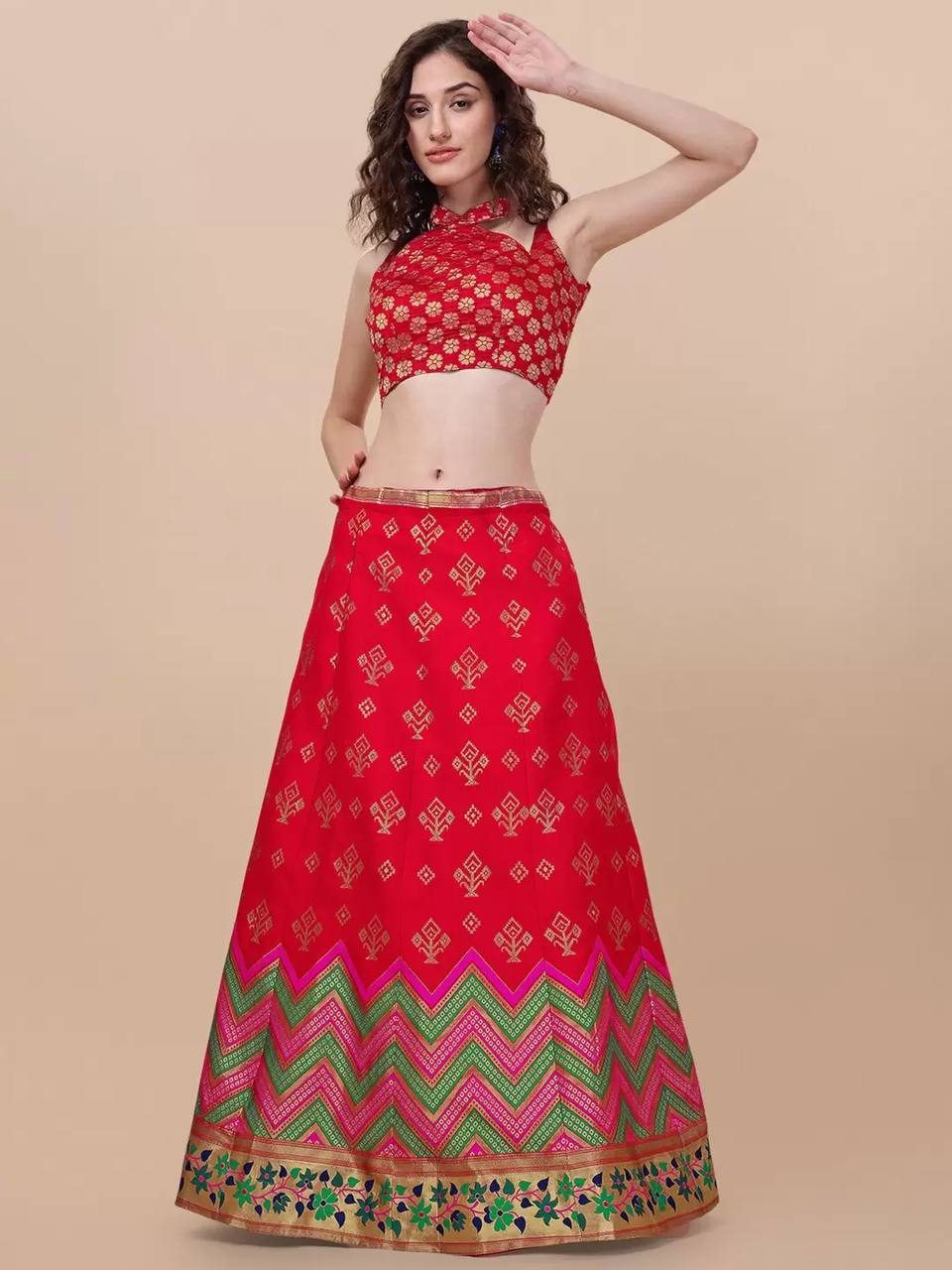Lorenvalley Fashion Red Brocade Fabric Lehenga & Unstitched Blouse With Dupatta | Swadesiicart